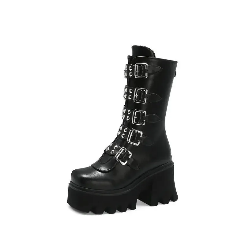 Maogu Platform Gothic Shoes Leather Women's Black High Boots Female High Heels Women Combat Punk Chunky Ladies Booties 43