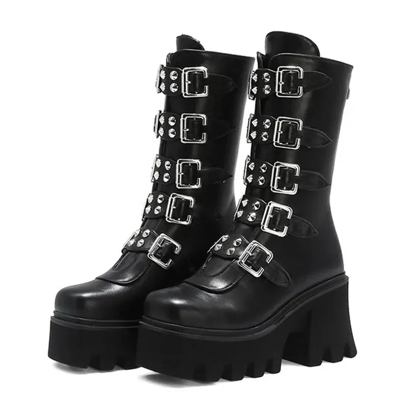 Maogu Platform Gothic Shoes Leather Women's Black High Boots Female High Heels Women Combat Punk Chunky Ladies Booties 43