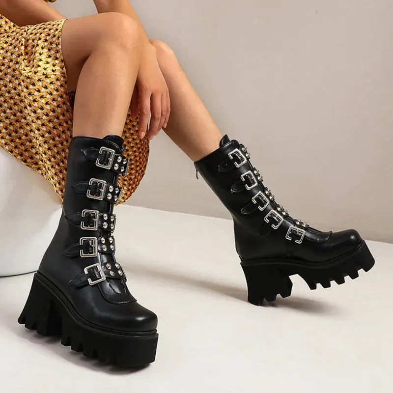 Maogu Platform Gothic Shoes Leather Women's Black High Boots Female High Heels Women Combat Punk Chunky Ladies Booties 43