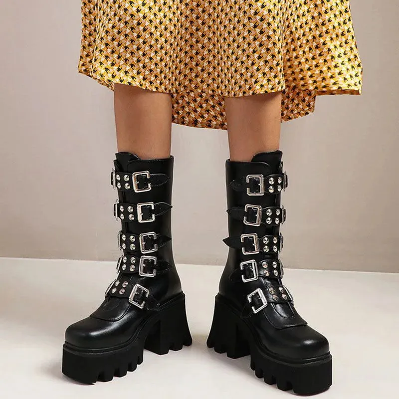 Maogu Platform Gothic Shoes Leather Women's Black High Boots Female High Heels Women Combat Punk Chunky Ladies Booties 43