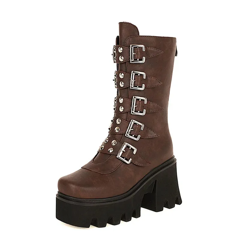 Maogu Platform Gothic Shoes Leather Women's Black High Boots Female High Heels Women Combat Punk Chunky Ladies Booties 43