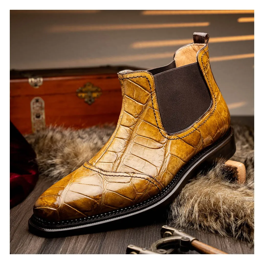 Mauri Chelsea in Mustard / Sport Rust Mens Hand Painted Exotic Alligator Chelsea Boots