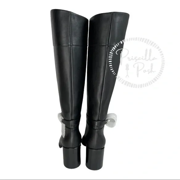 NEW Christian Louboutin Black Lock 70 Leather Knee-high Boots Tall Block heel chunky 37.5