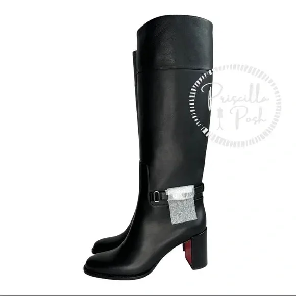 NEW Christian Louboutin Black Lock 70 Leather Knee-high Boots Tall Block heel chunky 37.5