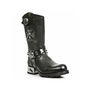 New Rock Men's Black Leather Gothic Cowboy Boots- MR030-S1