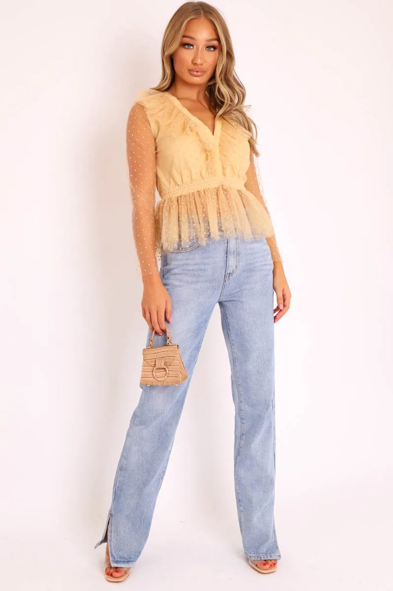 Nude Plunge Tulle Ruffle Mesh Polka Sleeves Top - Dalis