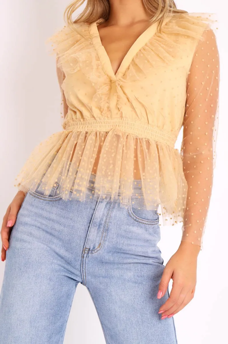 Nude Plunge Tulle Ruffle Mesh Polka Sleeves Top - Dalis