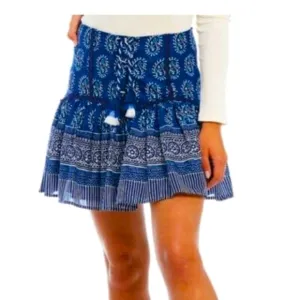 NWT CHELSEA &amp; VIOLET Mayan Blue Paisley Tassel Tie Smocked Mini Skirt XS