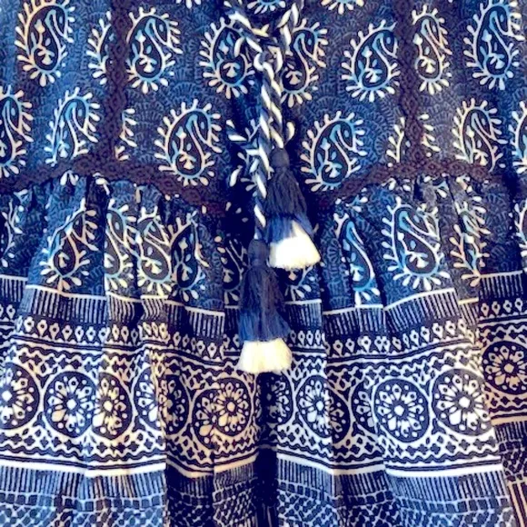 NWT CHELSEA &amp; VIOLET Mayan Blue Paisley Tassel Tie Smocked Mini Skirt XS