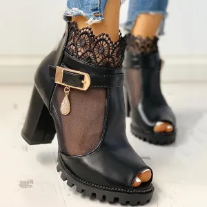 Peep Toe Lace Mesh Insert Chunky Heeled Boot