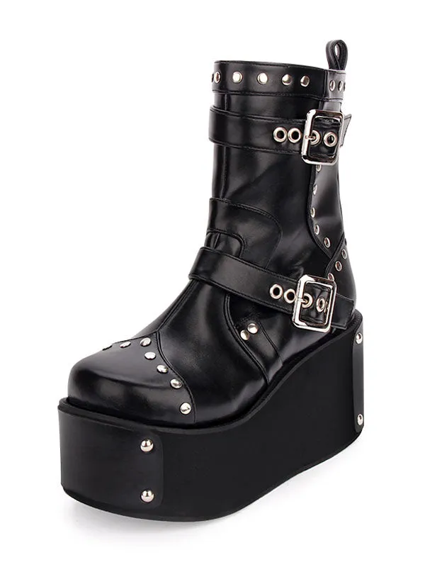 Punk Lolita Boots Rivet Metallic Buckle Platform Black Lolita Shoes