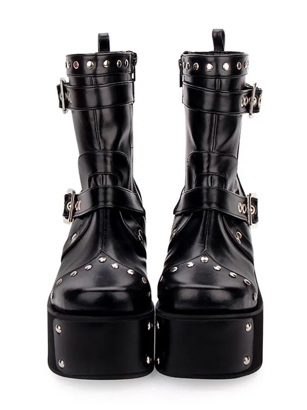 Punk Lolita Boots Rivet Metallic Buckle Platform Black Lolita Shoes