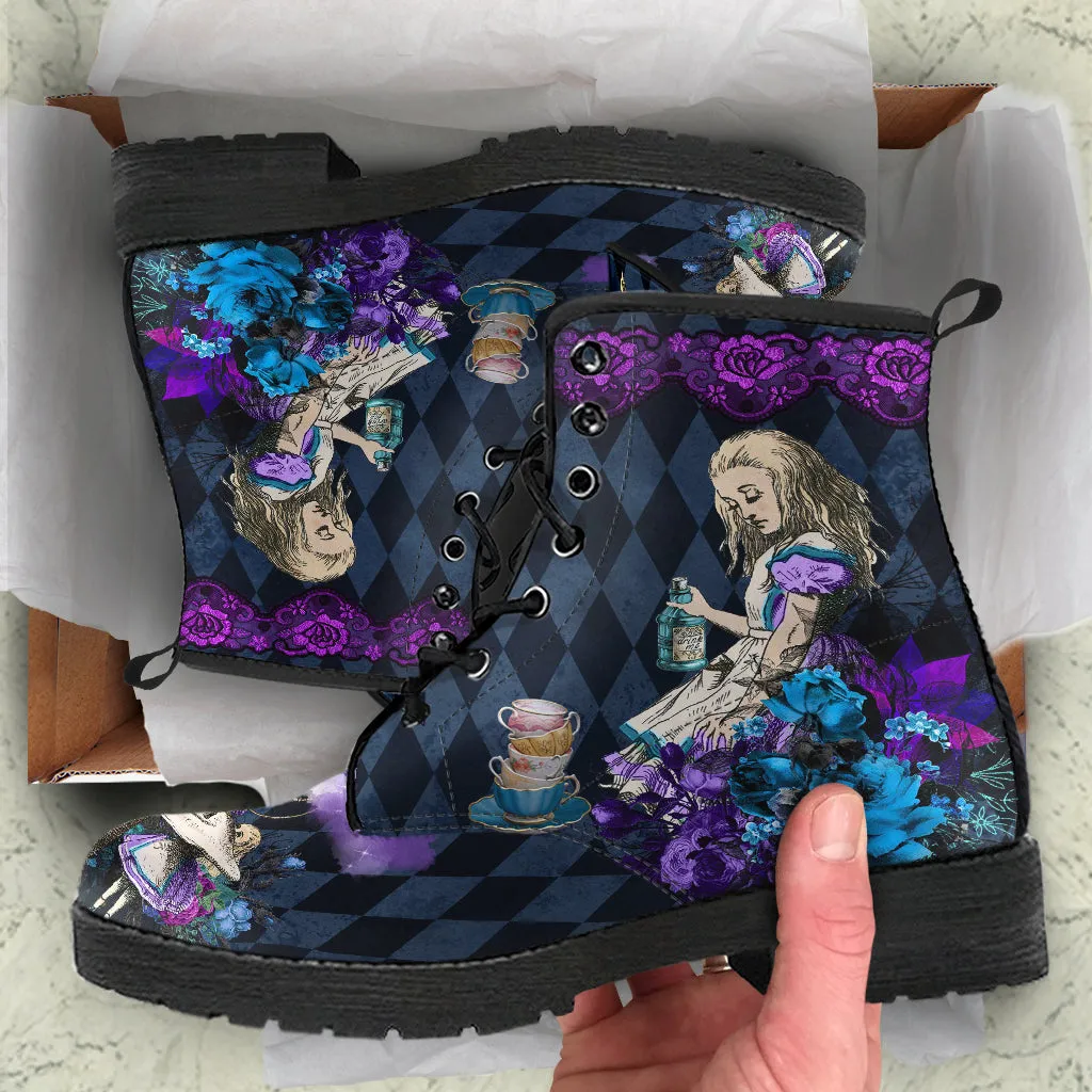 Purple Alice in Wonderland Purple Vegan Boots - Diamond Pattern