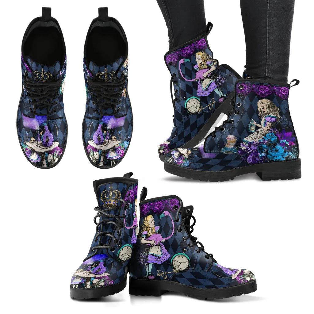 Purple Alice in Wonderland Purple Vegan Boots - Diamond Pattern