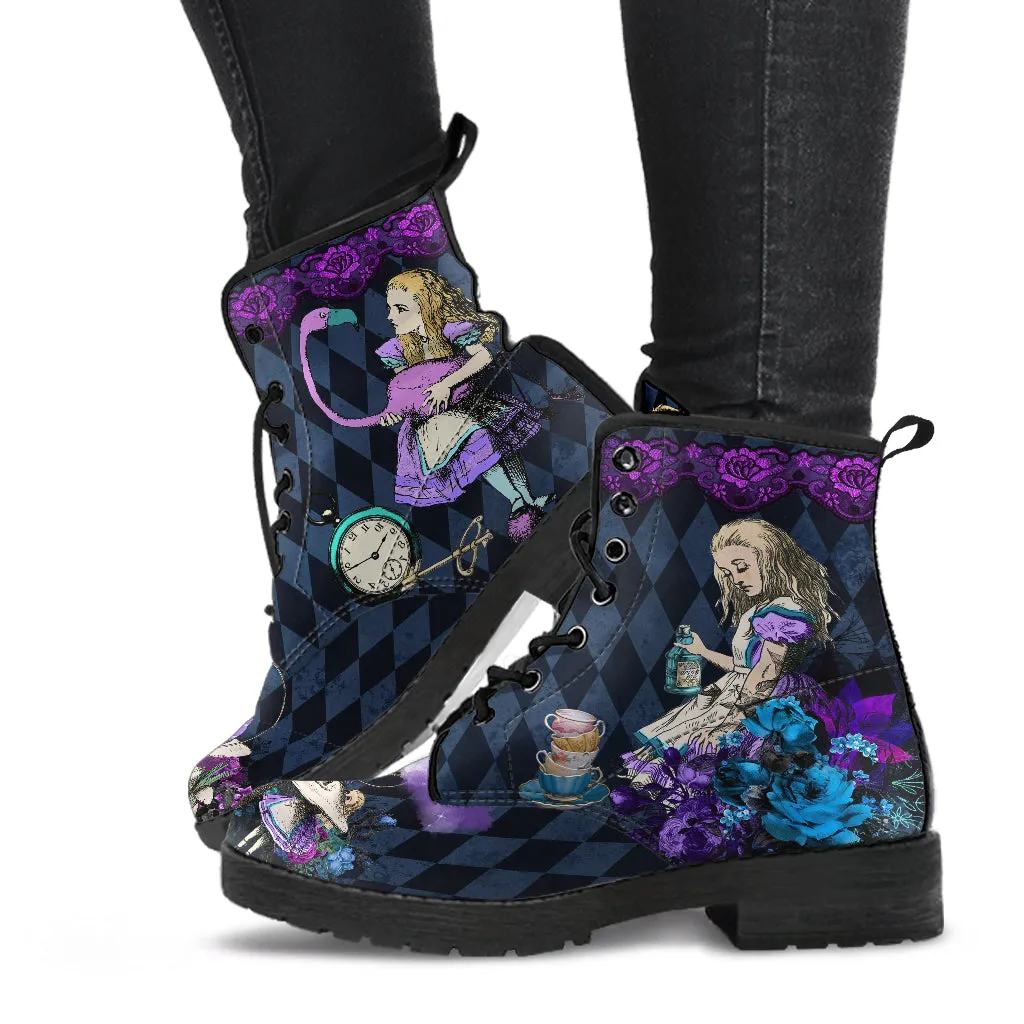 Purple Alice in Wonderland Purple Vegan Boots - Diamond Pattern