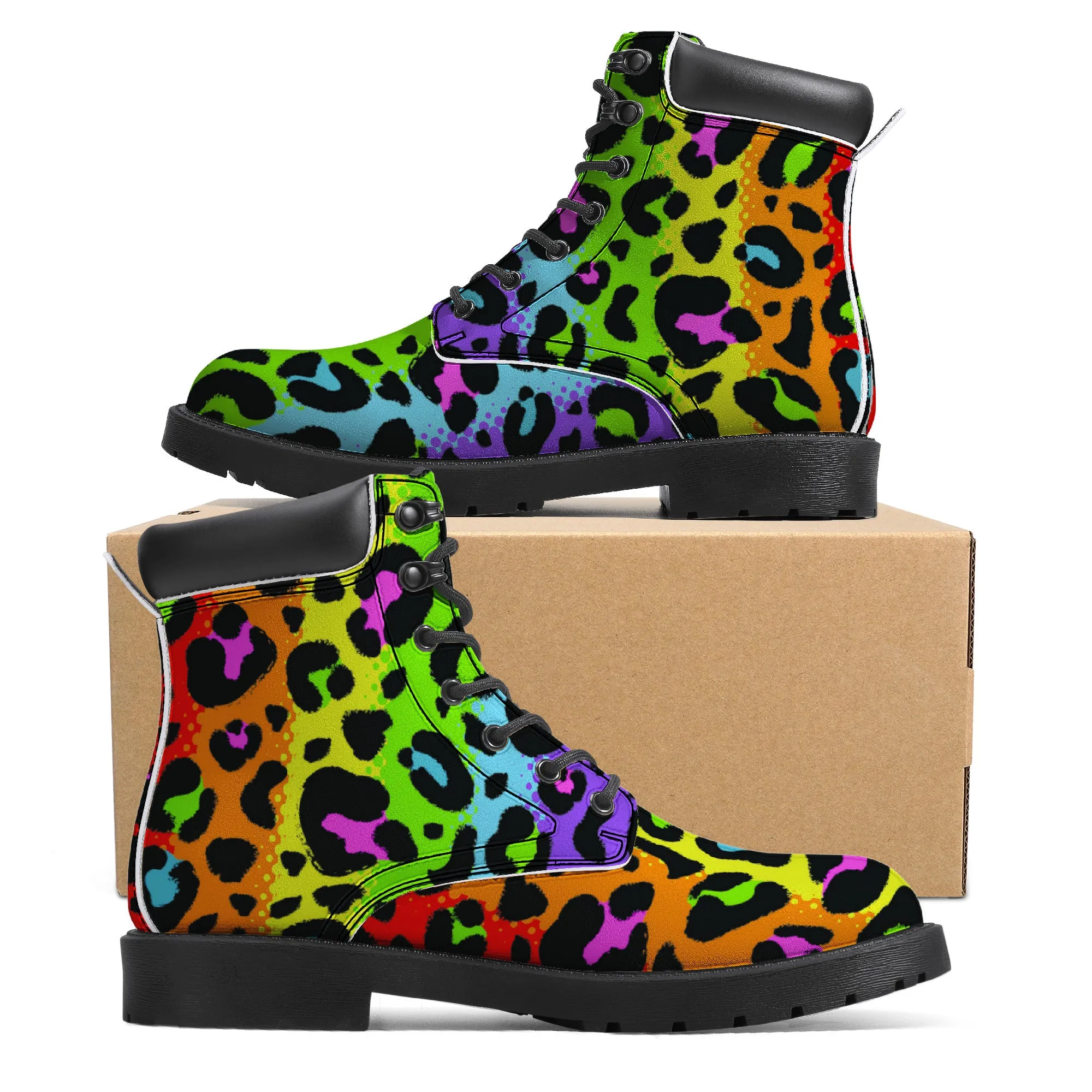 Rainbow Leopard Print Faux Leather Boots / Unisex