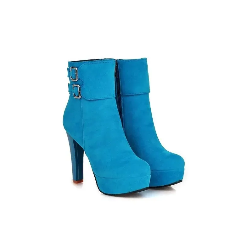 Round Toe Nubuck Buckle High Heeled Boots