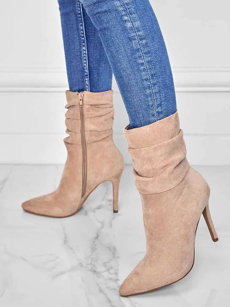 Ruched Stiletto Heeled Side Zipper Boots