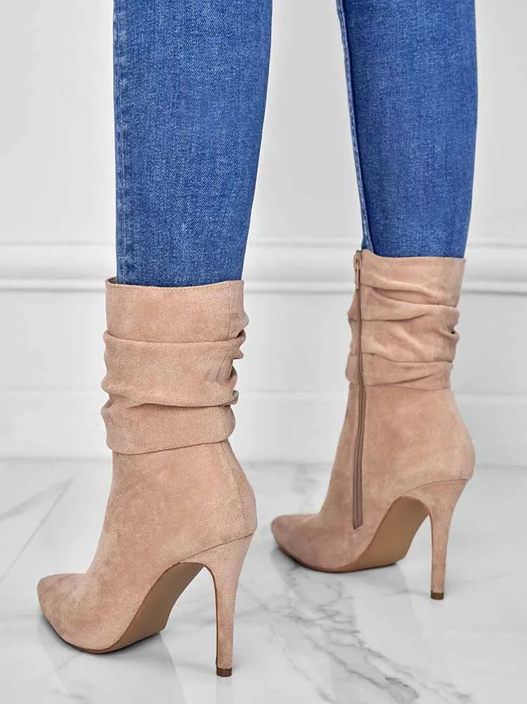 Ruched Stiletto Heeled Side Zipper Boots