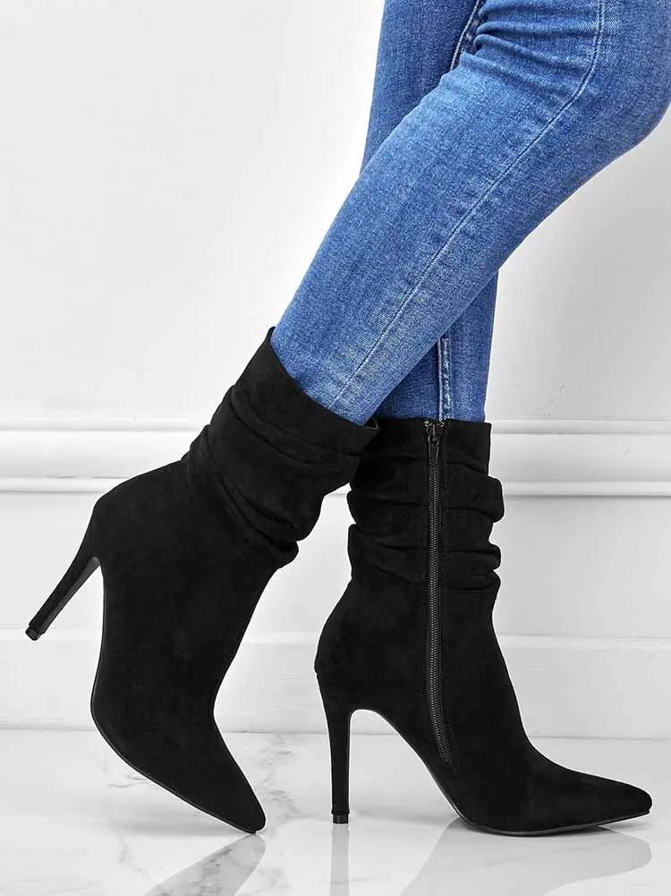 Ruched Stiletto Heeled Side Zipper Boots