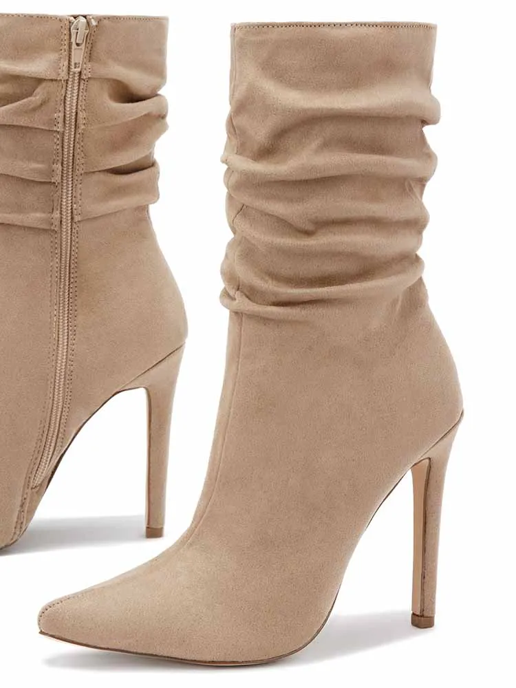 Ruched Stiletto Heeled Side Zipper Boots