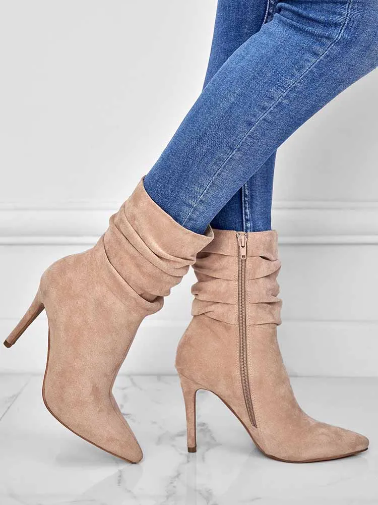 Ruched Stiletto Heeled Side Zipper Boots