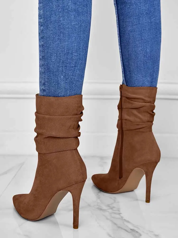 Ruched Stiletto Heeled Side Zipper Boots