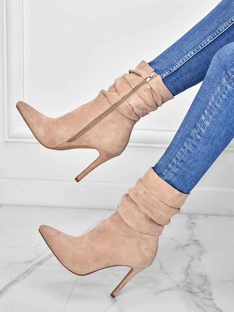 Ruched Stiletto Heeled Side Zipper Boots