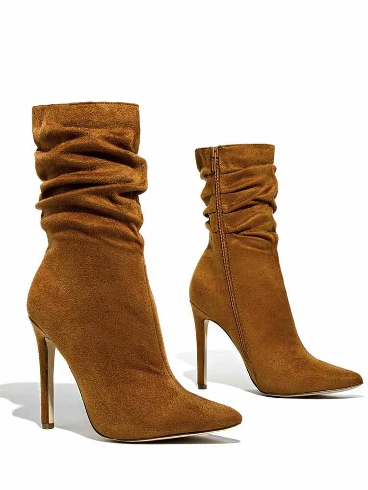 Ruched Stiletto Heeled Side Zipper Boots