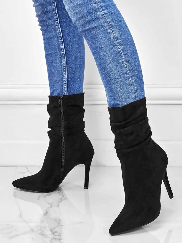 Ruched Stiletto Heeled Side Zipper Boots
