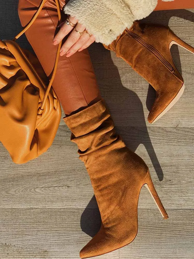 Ruched Stiletto Heeled Side Zipper Boots