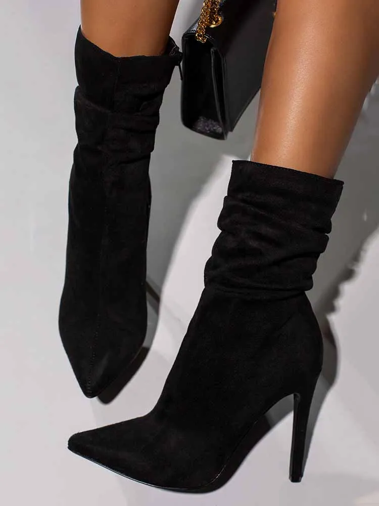 Ruched Stiletto Heeled Side Zipper Boots