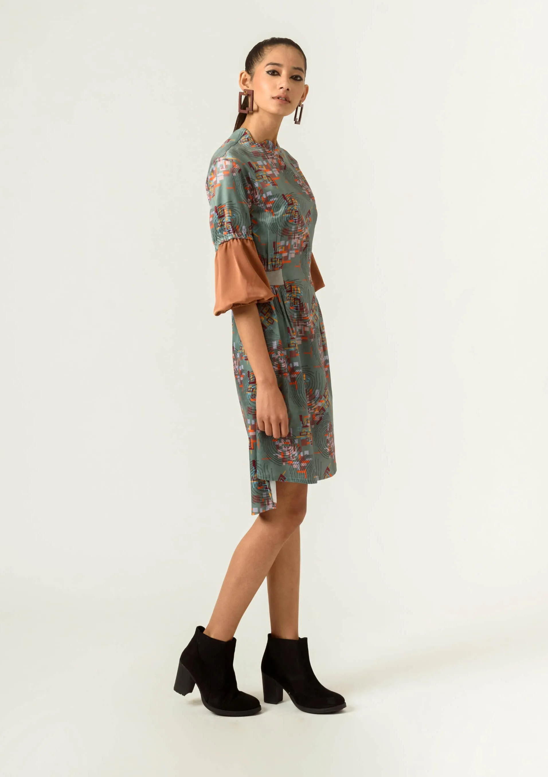 Sage green printed fitted dress