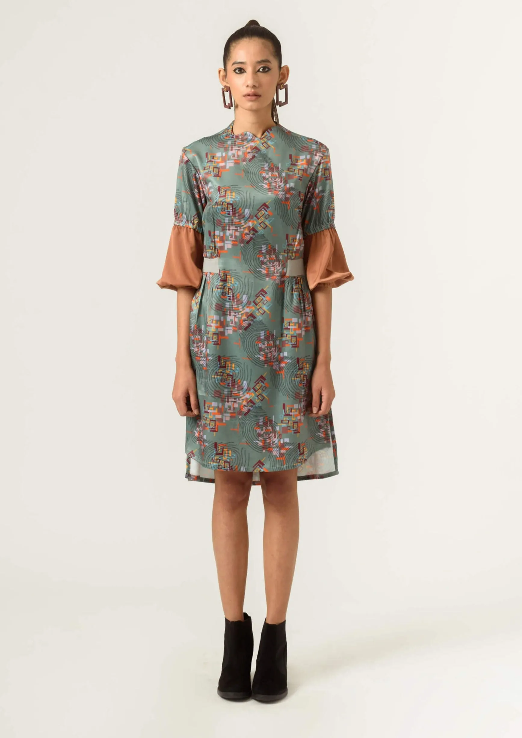 Sage green printed fitted dress