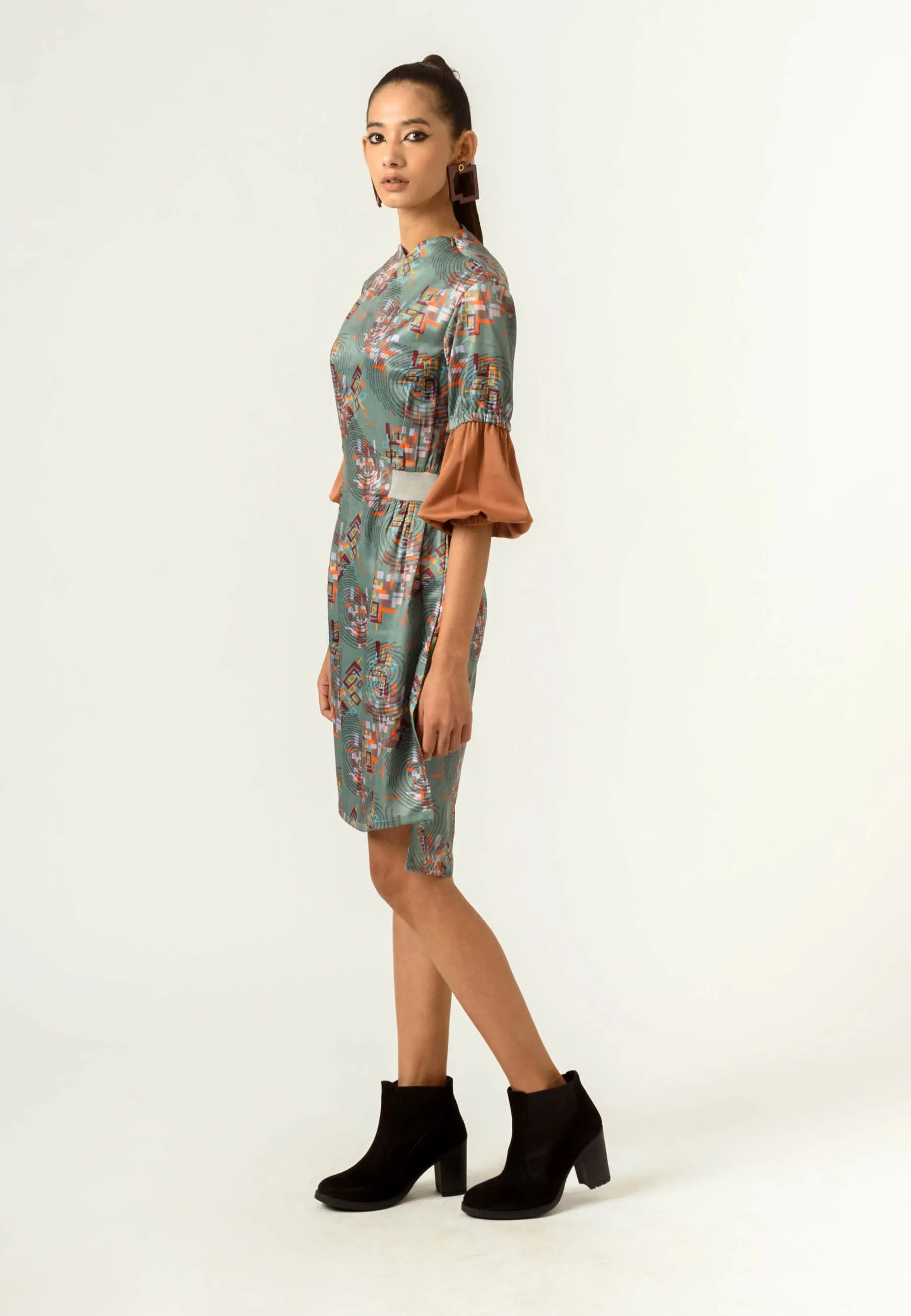 Sage green printed fitted dress