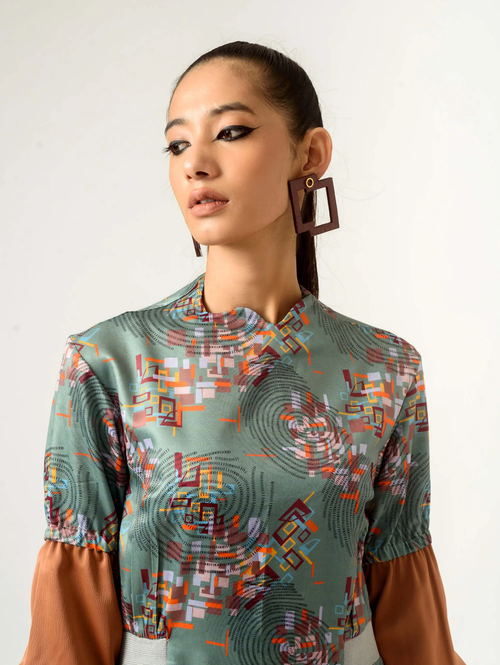 Sage green printed fitted dress
