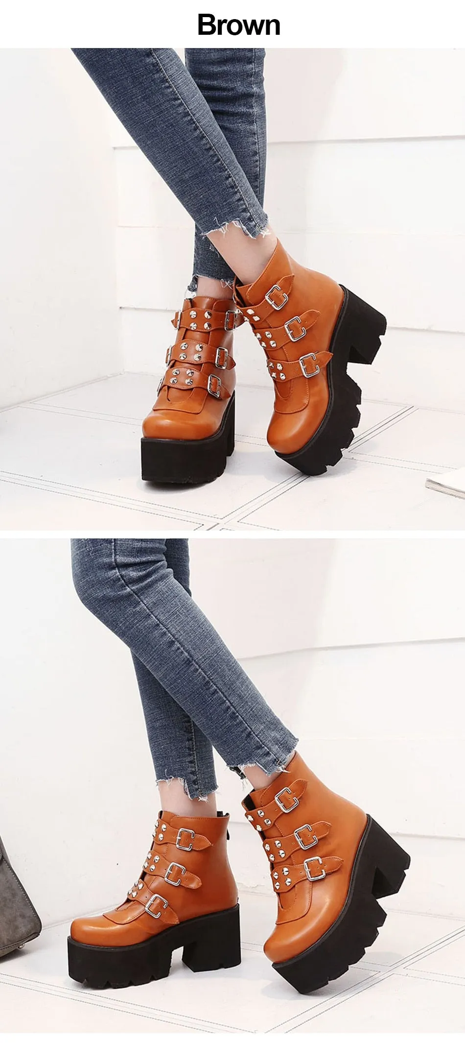 Sexy Rivet Womens Ankle Boots Platform Shoes High Heels Chunky Heel Gothic Black Leather Boots Lady Drop Ship Big Size 46