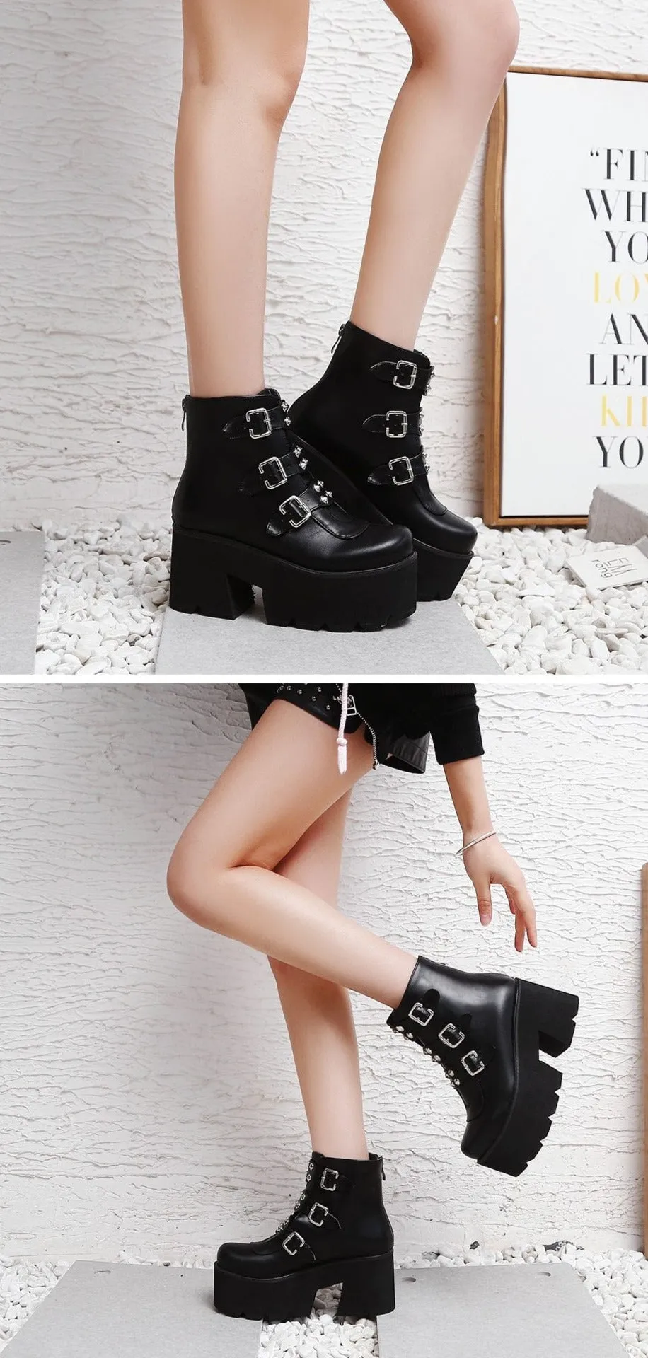 Sexy Rivet Womens Ankle Boots Platform Shoes High Heels Chunky Heel Gothic Black Leather Boots Lady Drop Ship Big Size 46