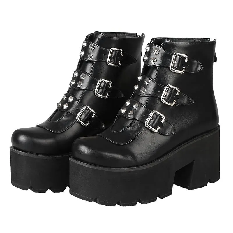 Sexy Rivet Womens Ankle Boots Platform Shoes High Heels Chunky Heel Gothic Black Leather Boots Lady Drop Ship Big Size 46
