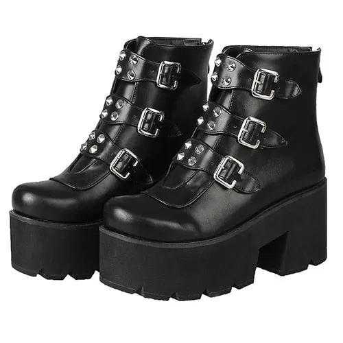 Sexy Rivet Womens Ankle Boots Platform Shoes High Heels Chunky Heel Gothic Black Leather Boots Lady Drop Ship Big Size 46