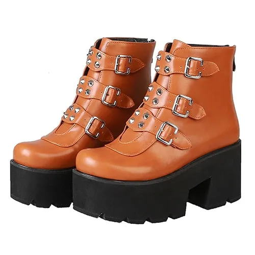 Sexy Rivet Womens Ankle Boots Platform Shoes High Heels Chunky Heel Gothic Black Leather Boots Lady Drop Ship Big Size 46