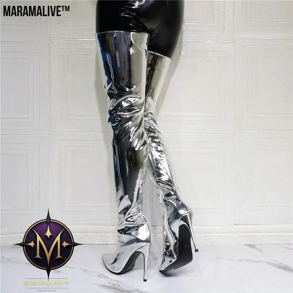 Silver Patent Leather Above Knee Size