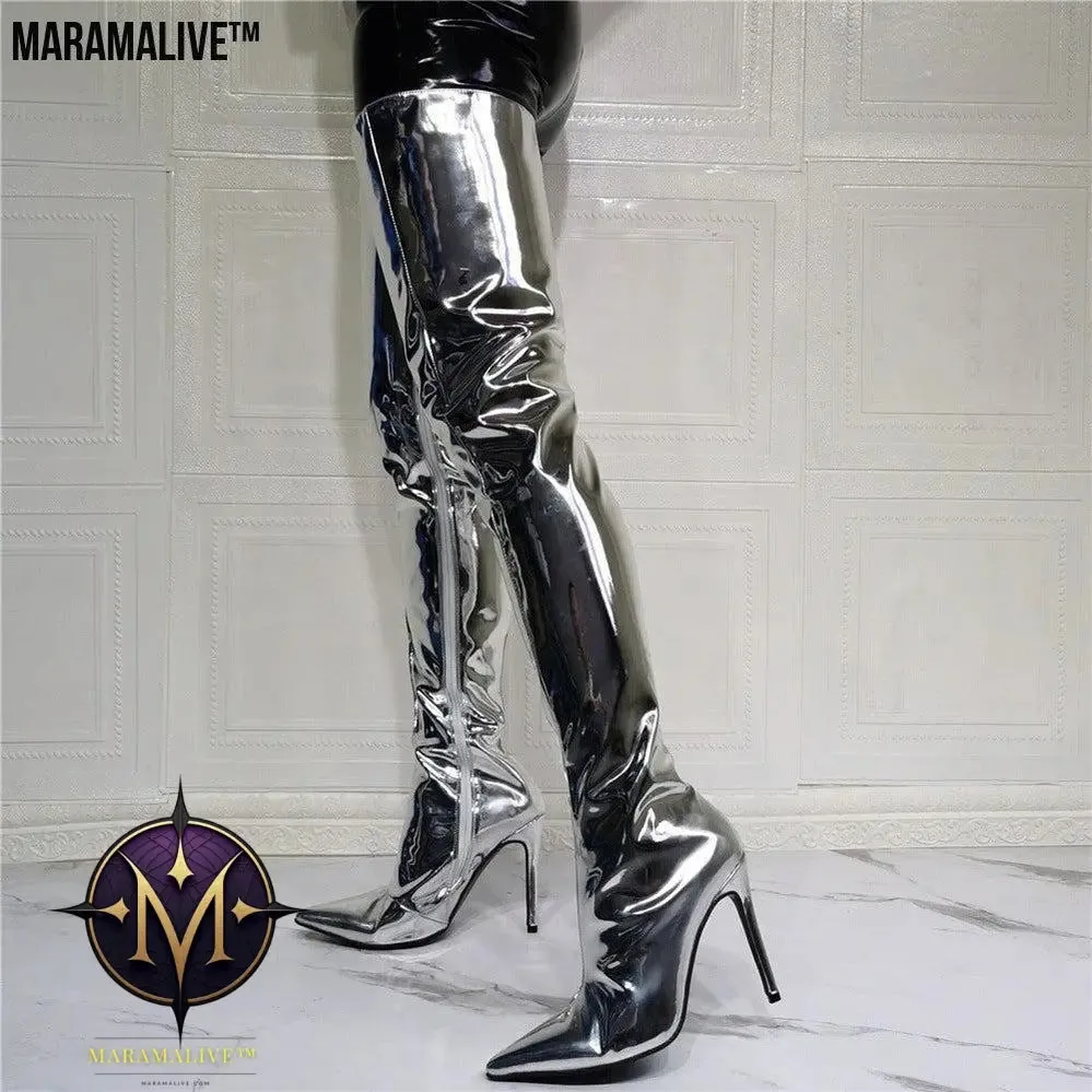 Silver Patent Leather Above Knee Size