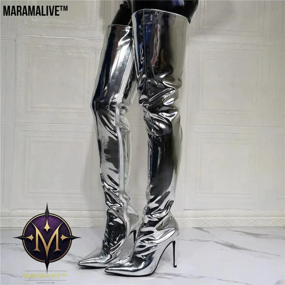 Silver Patent Leather Above Knee Size