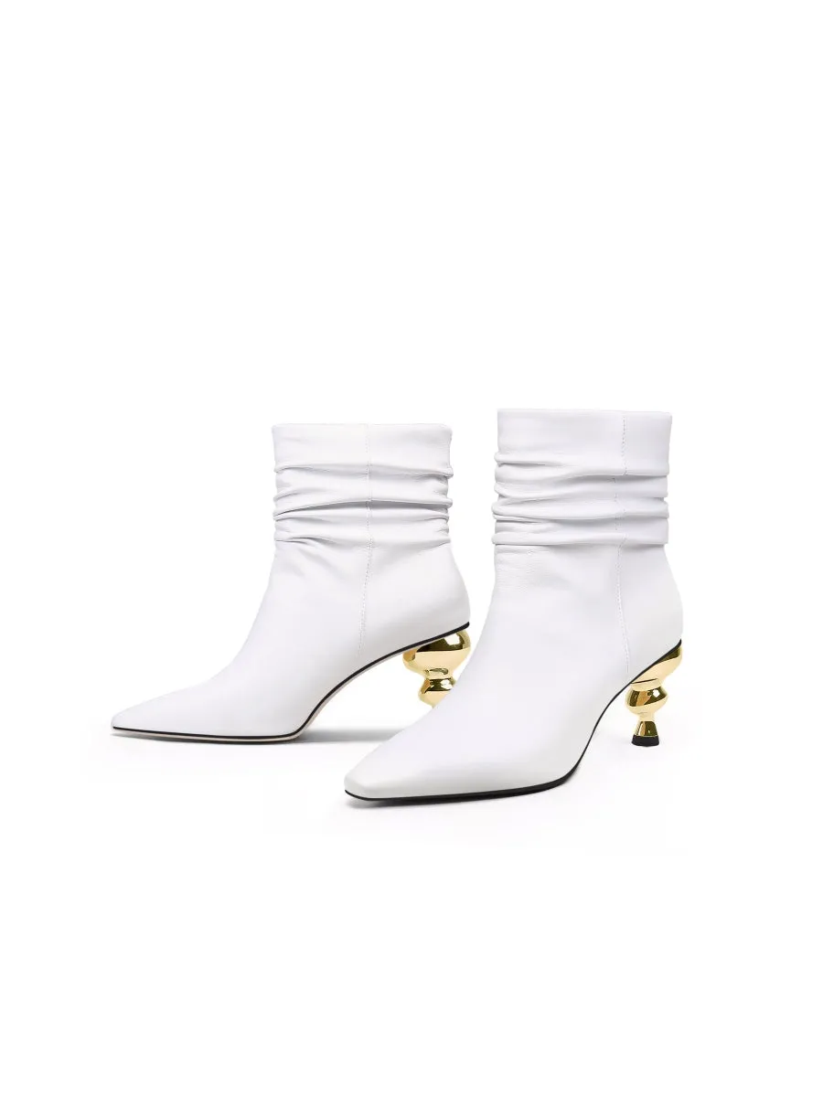 Slouchy Gold Kettle Heeled White Ankle Boot