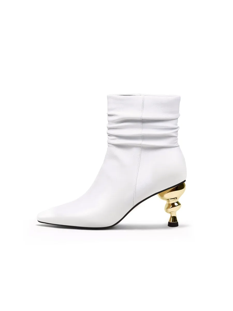 Slouchy Gold Kettle Heeled White Ankle Boot