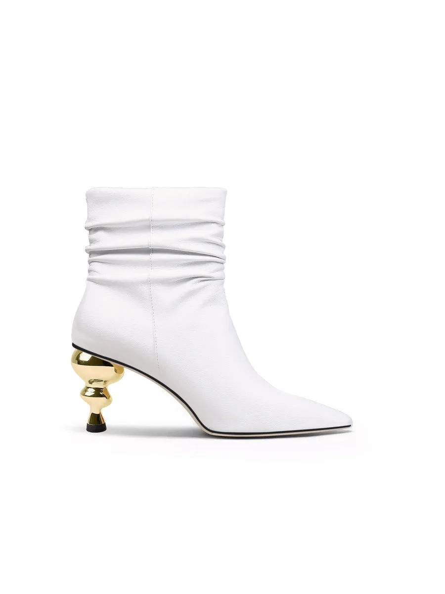 Slouchy Gold Kettle Heeled White Ankle Boot