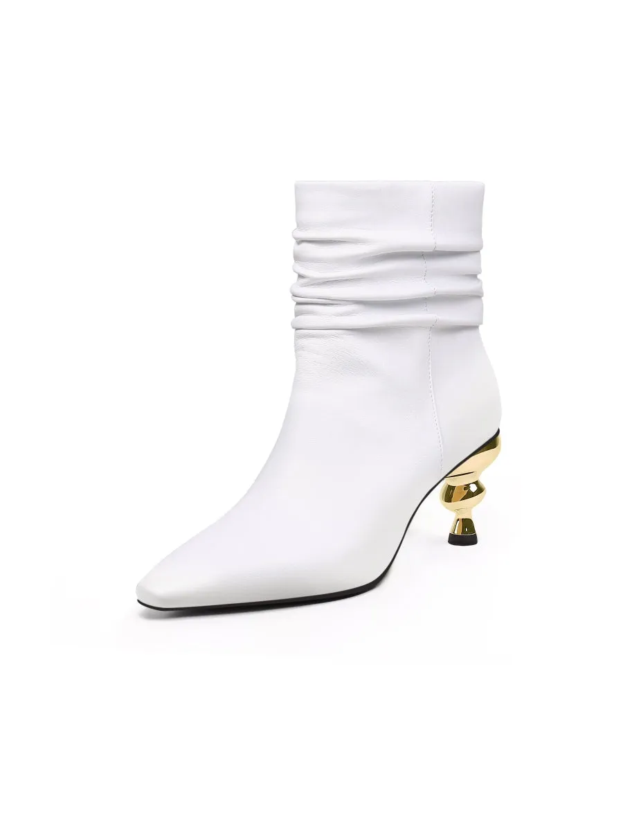 Slouchy Gold Kettle Heeled White Ankle Boot