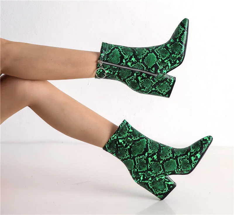 Snake Print Yellow Green White High Heels Womens Shoes Zipper Fashion Retro Gothic Ankle Boots Female Winter Bootie 2019