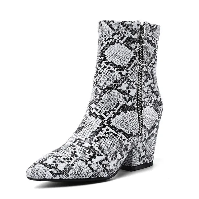 Snake Print Yellow Green White High Heels Womens Shoes Zipper Fashion Retro Gothic Ankle Boots Female Winter Bootie 2019